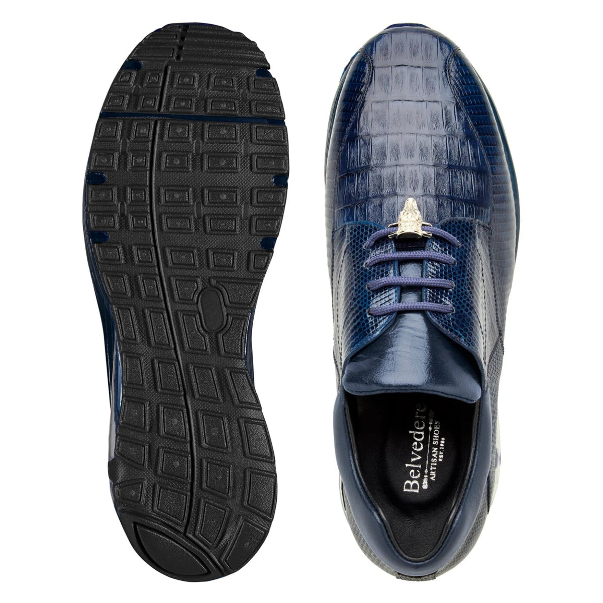 Top and rubber outsole views of Navy Lazaro sneaker by Belvedere
