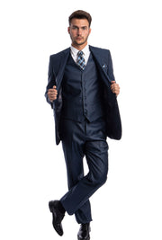 Textured 3-Piece Modern Fit Suit with Notch Lapel - Navy Blue