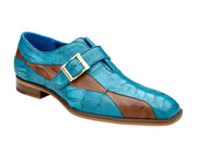 Belvedere Marte Monk Strap Shoes in Antique Ocean & Brandy Genuine Ostrich