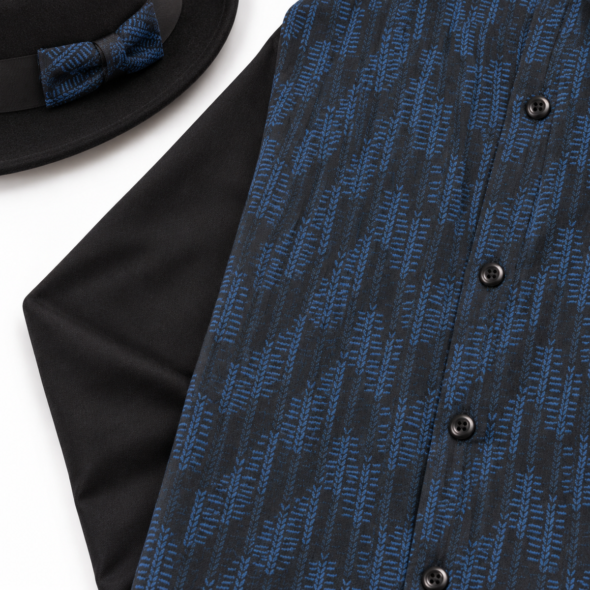 Montique black and blue patterned shirt with matching black hat detail