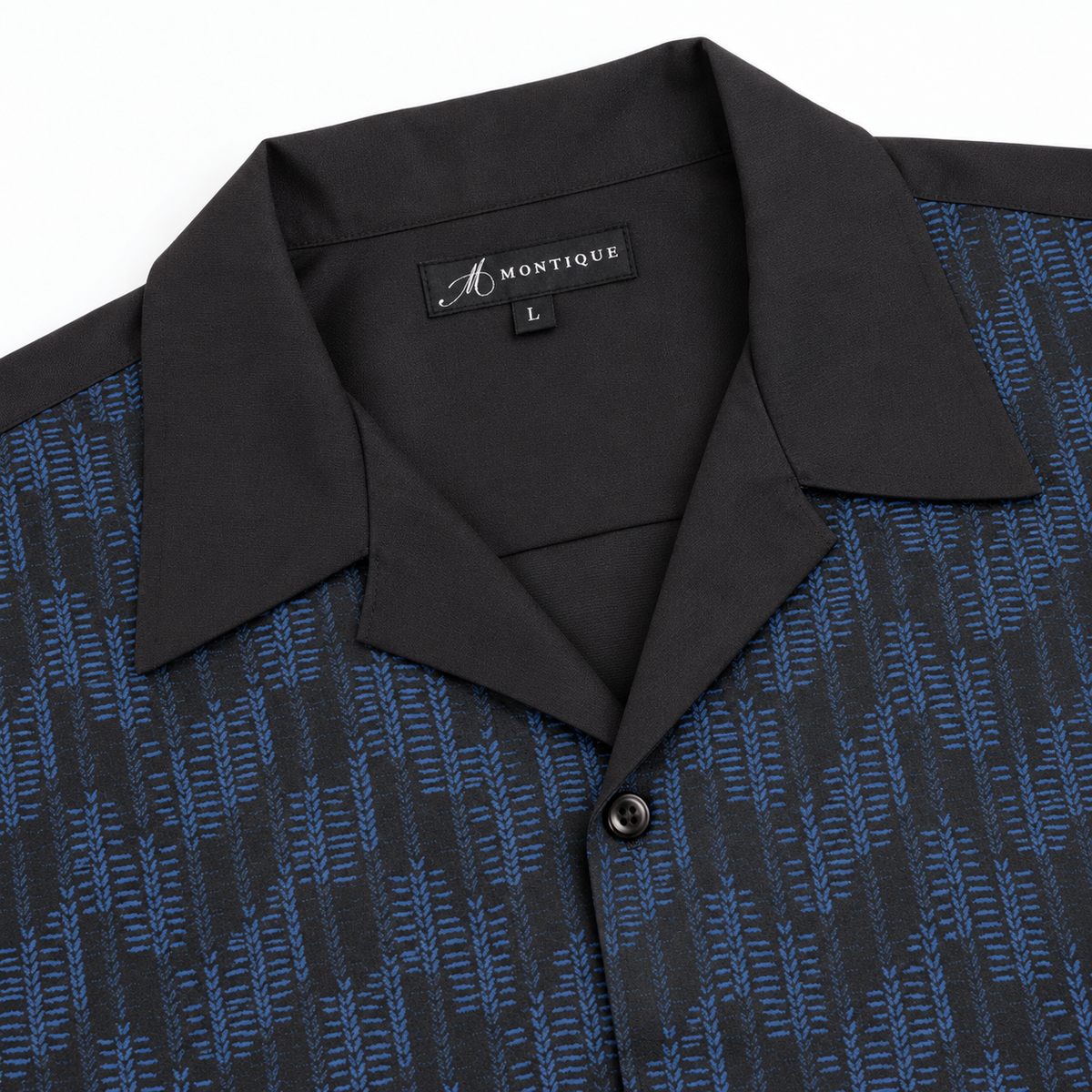 Montique black and blue shirt open collar and neck label detail