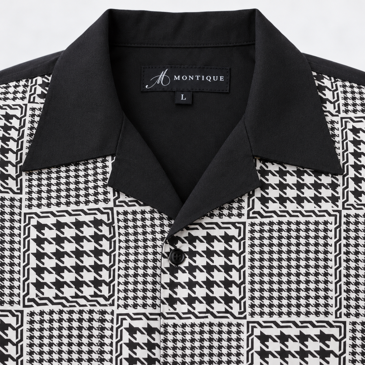 Montique black houndstooth walking suit plain open collar and neck label