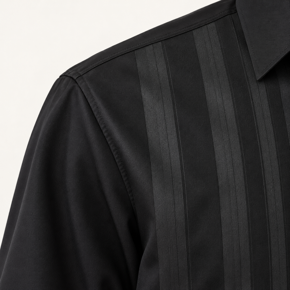 Montique black vertical stripe walking suit shoulder stripe detail
