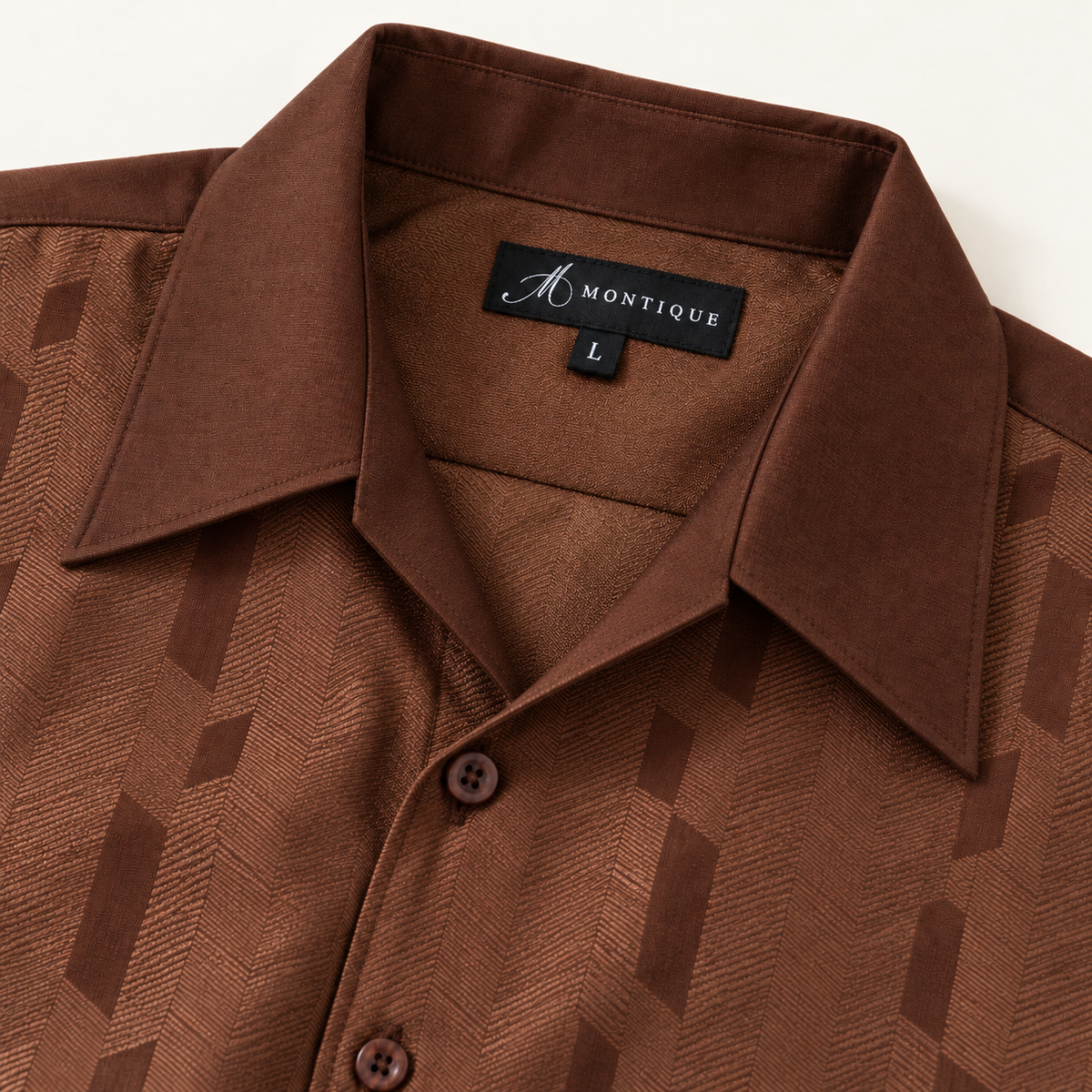 Montique brown geometric walking suit open camp collar and neck label detail