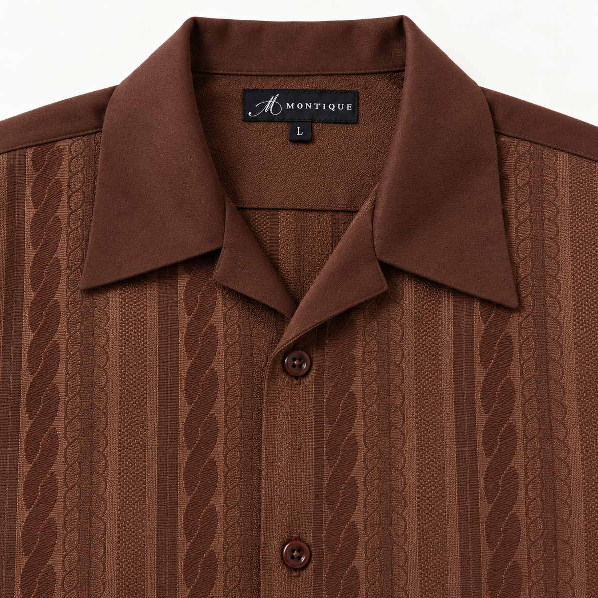 Montique brown textured stripe walking suit open camp collar label detail