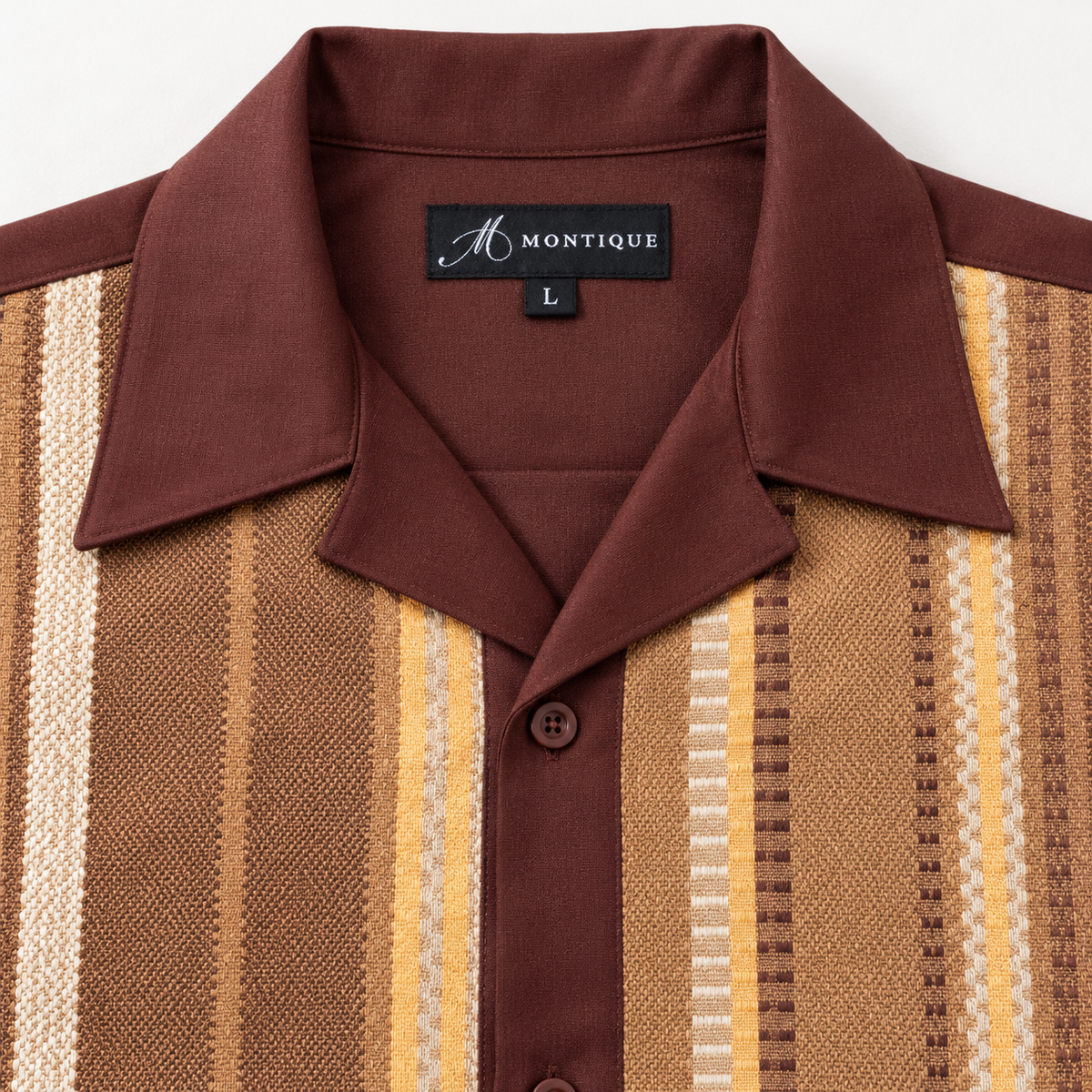 Montique brown vertical stripe walking suit open collar label detail