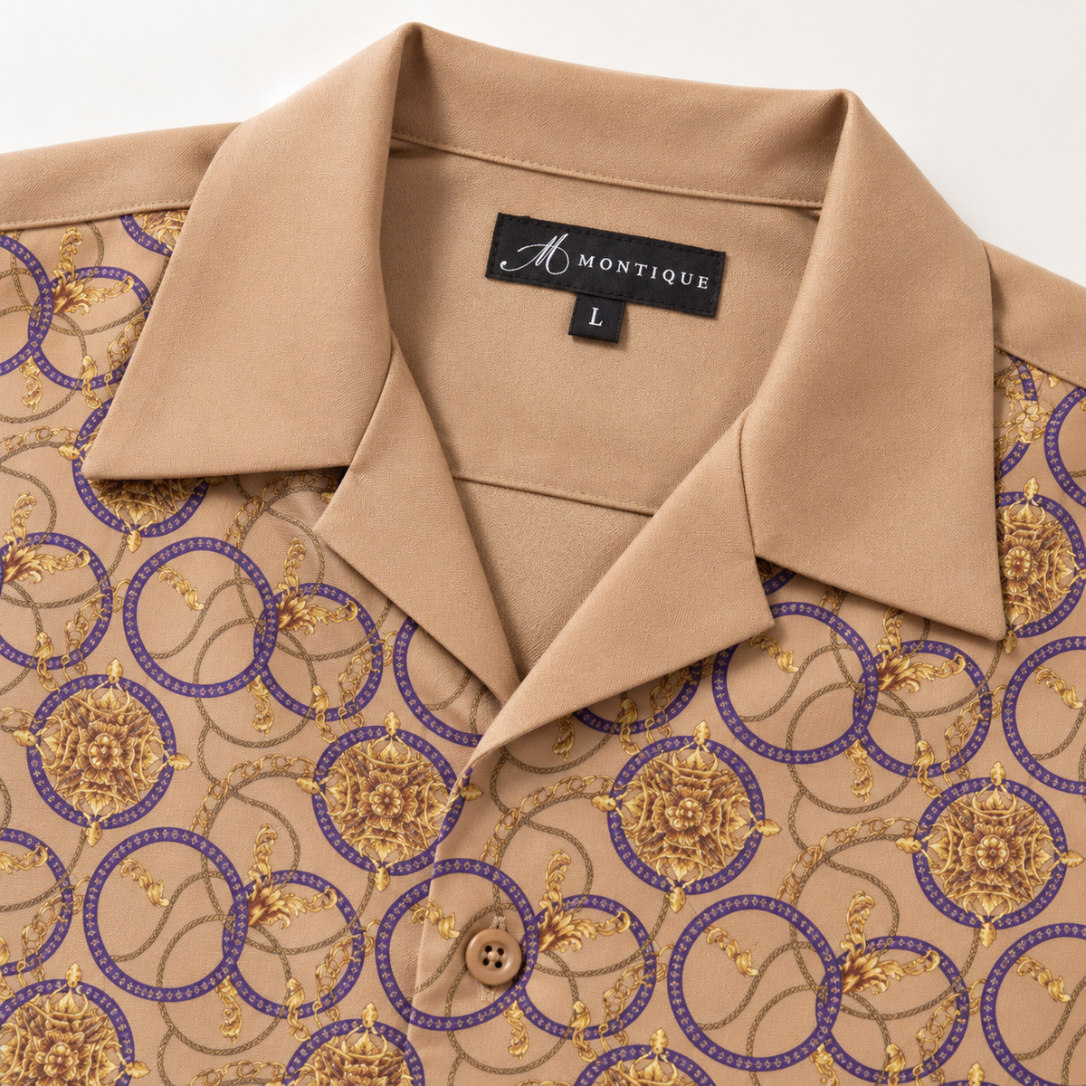 Montique camel chain print walking suit open collar and neck label detail