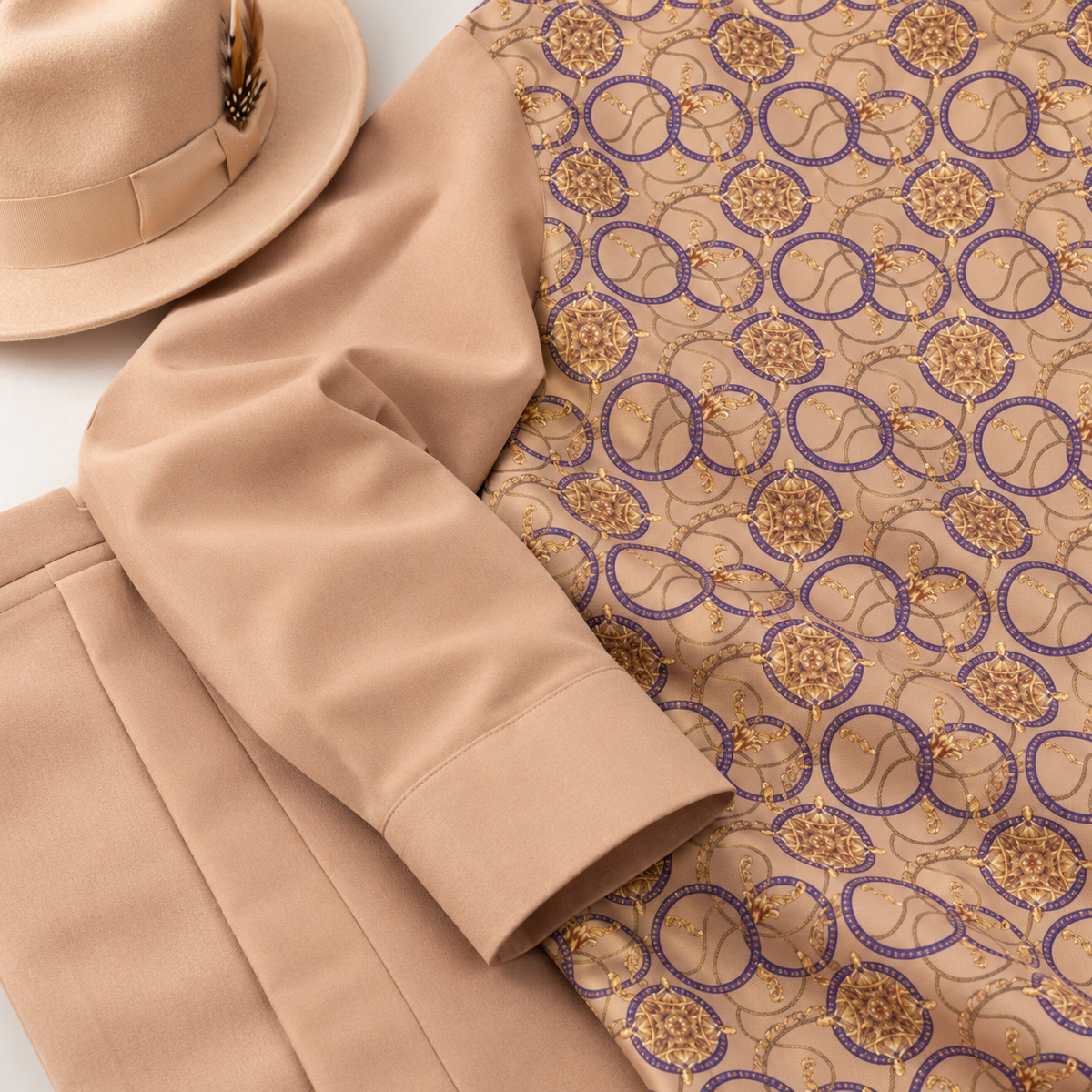 Montique camel chain print walking suit sleeve and matching trousers with camel hat styling