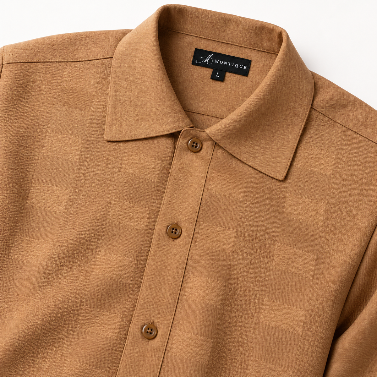 Montique camel tonal block walking suit rounded collar detail