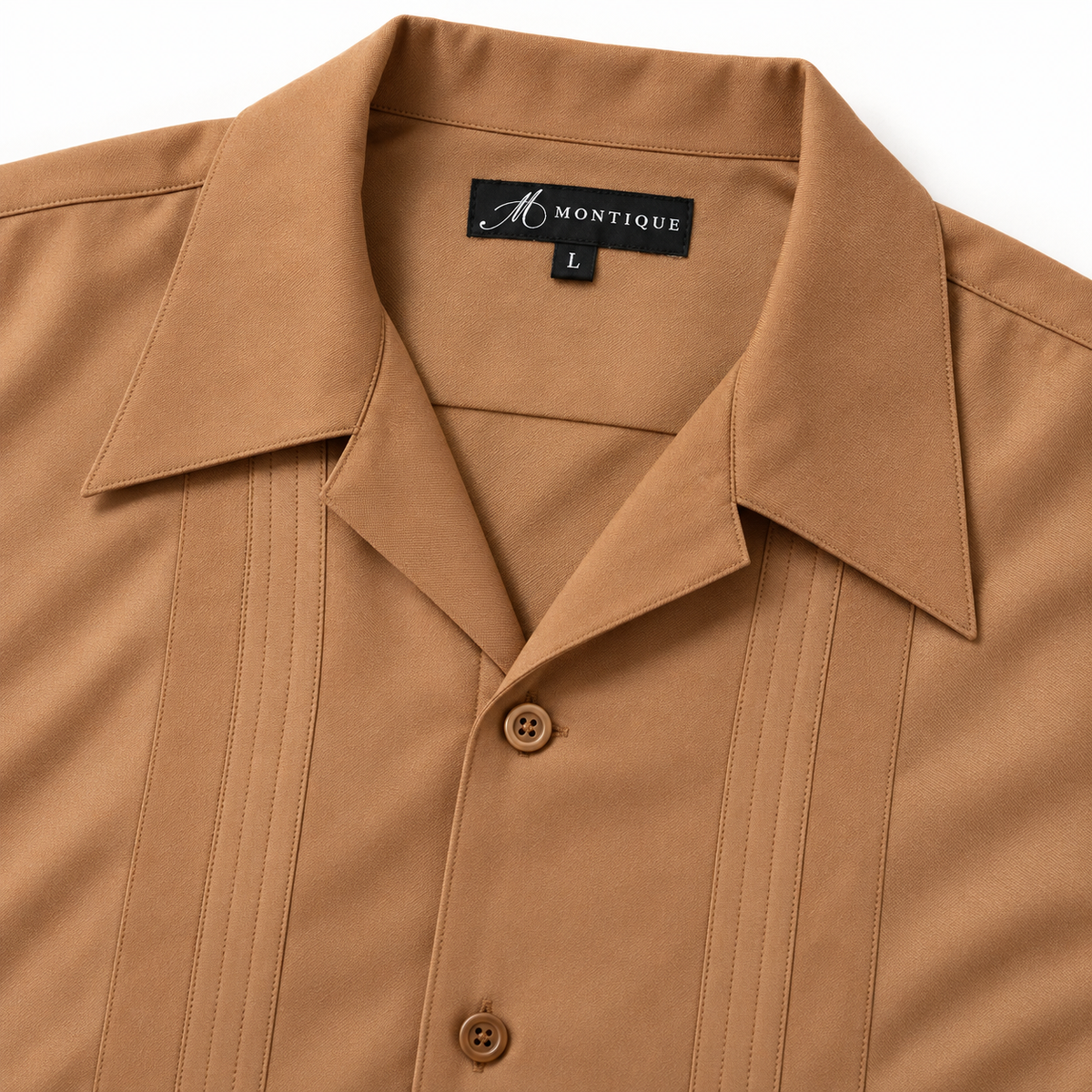 Montique camel vertical panel walking suit open collar label detail