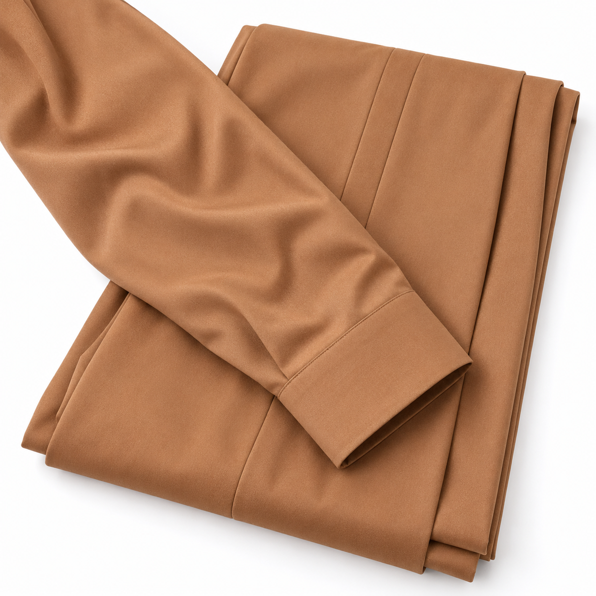 Montique camel walking suit plain sleeve and cuff over folded matching trousers