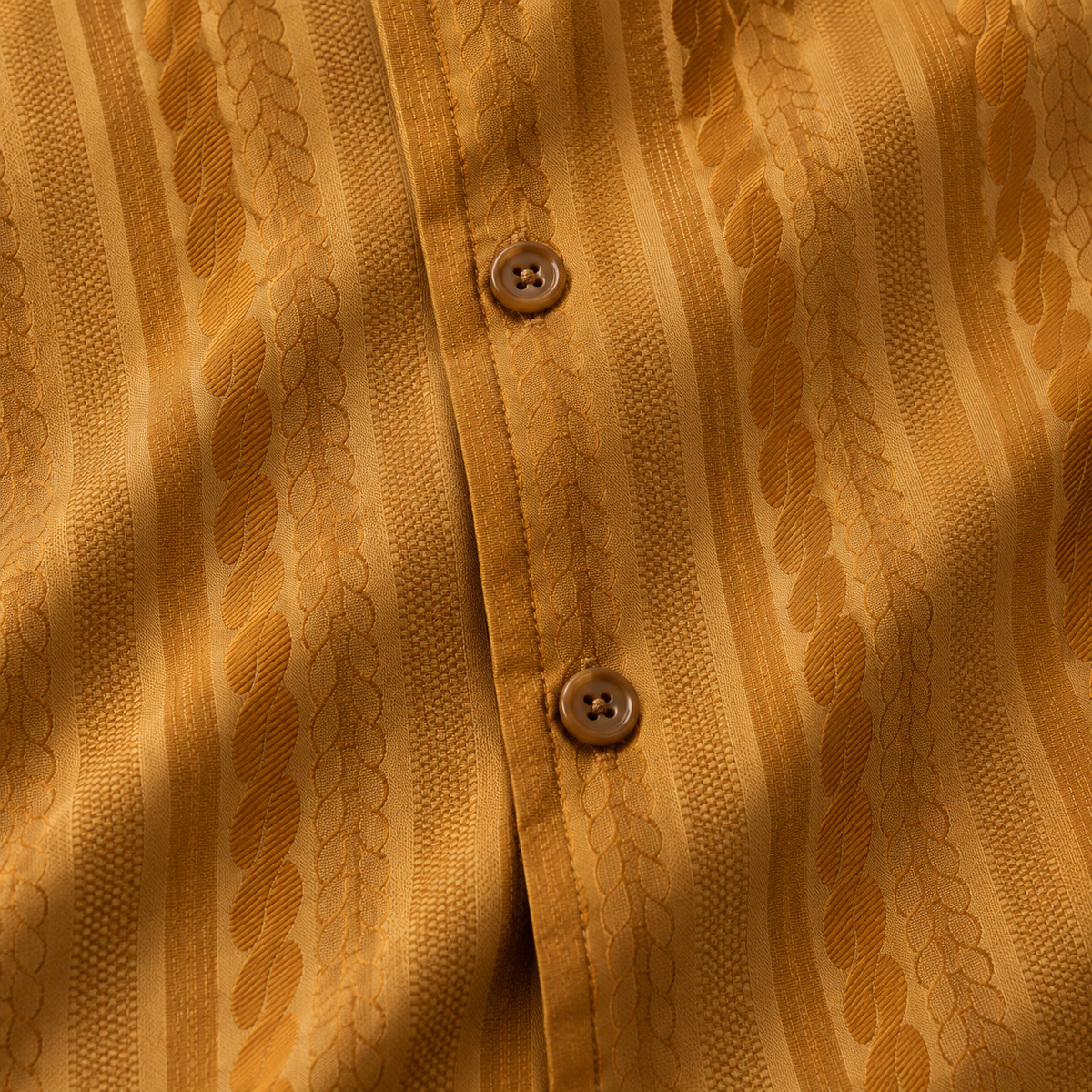 Montique gold textured stripe walking suit fabric, pattern and button detail