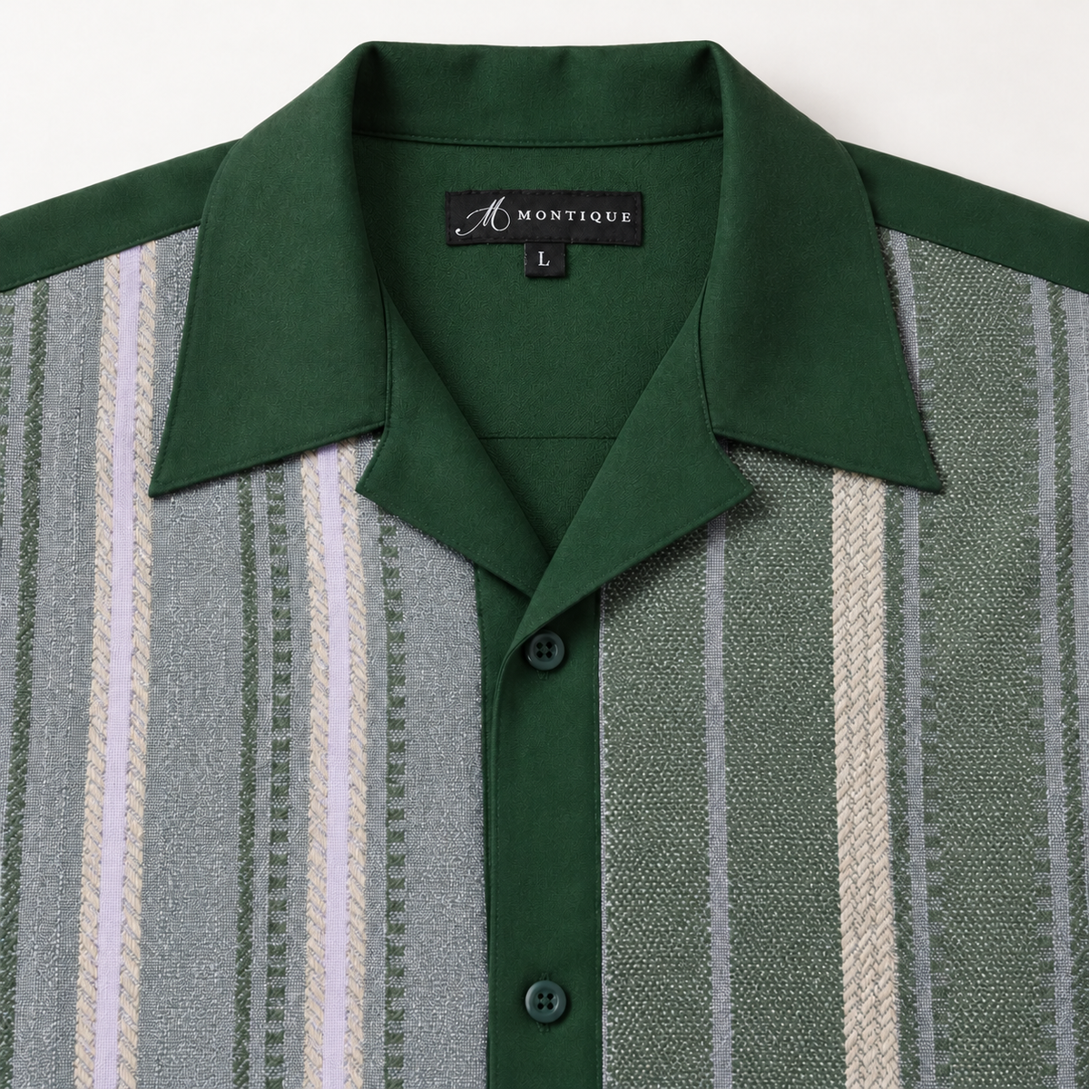 Montique hunter vertical stripe walking suit open collar label detail
