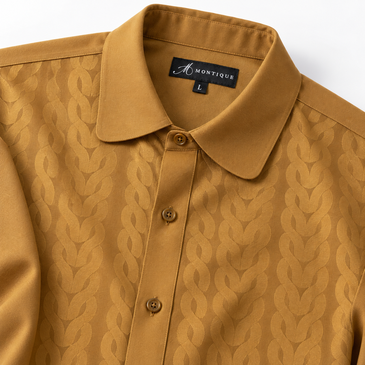 Montique mustard tonal chain walking suit rounded collar detail