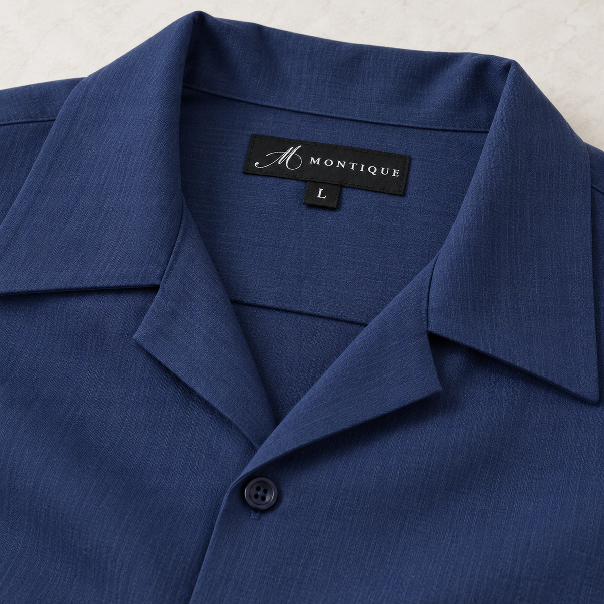 Montique navy solid shirt open collar and original-style Montique neck label