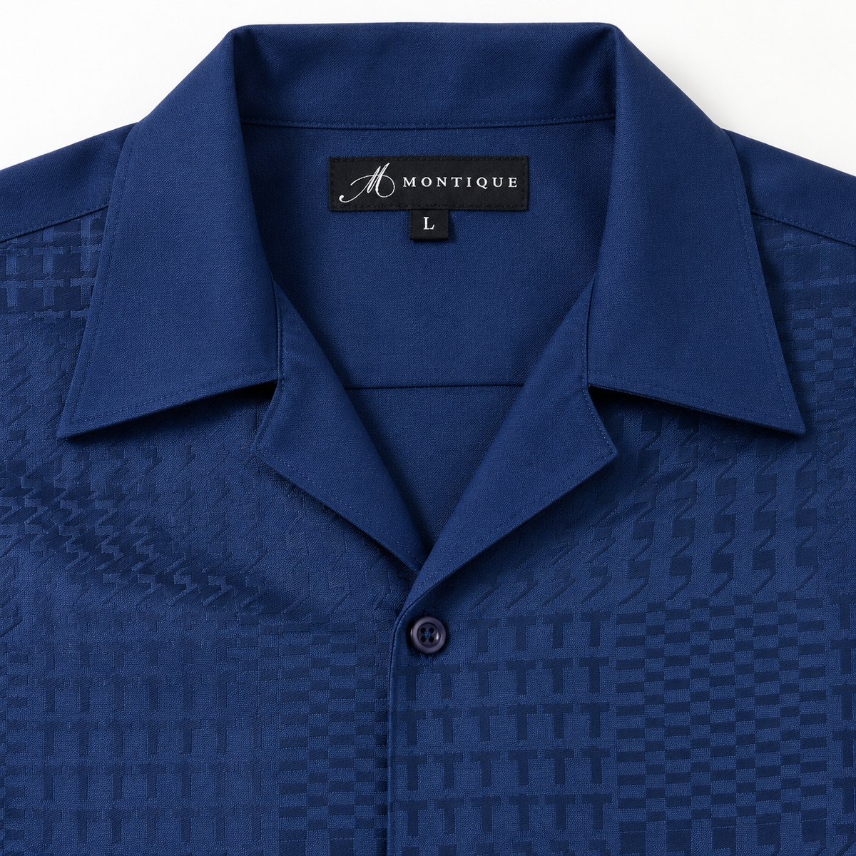 Montique navy tone on tone walking suit open collar label detail
