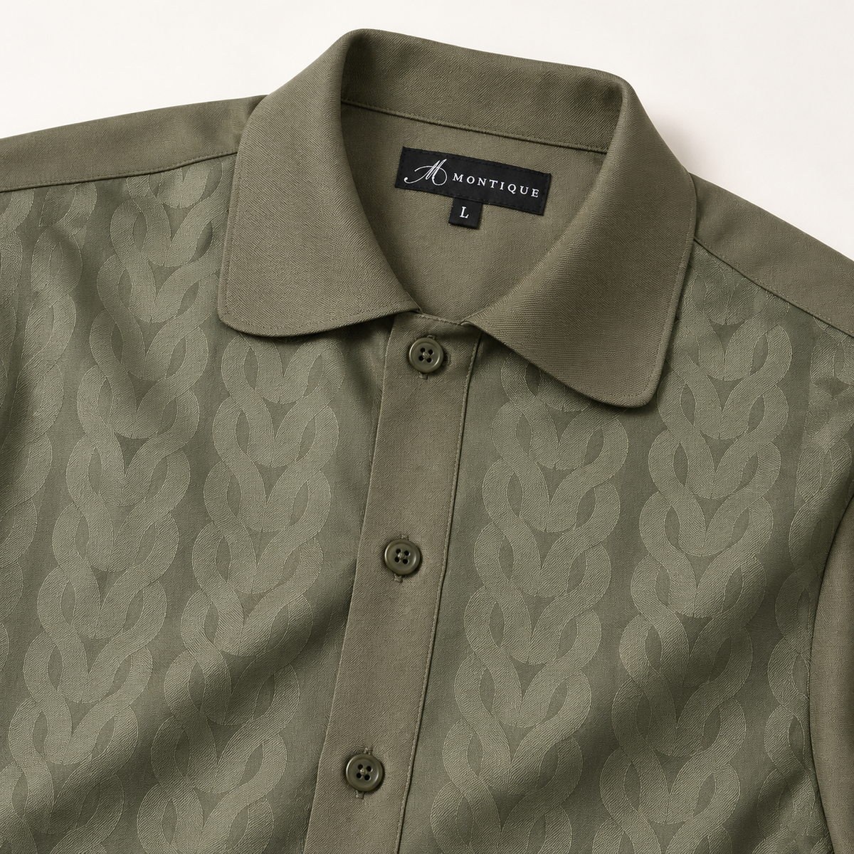 Montique olive tonal chain walking suit rounded collar detail