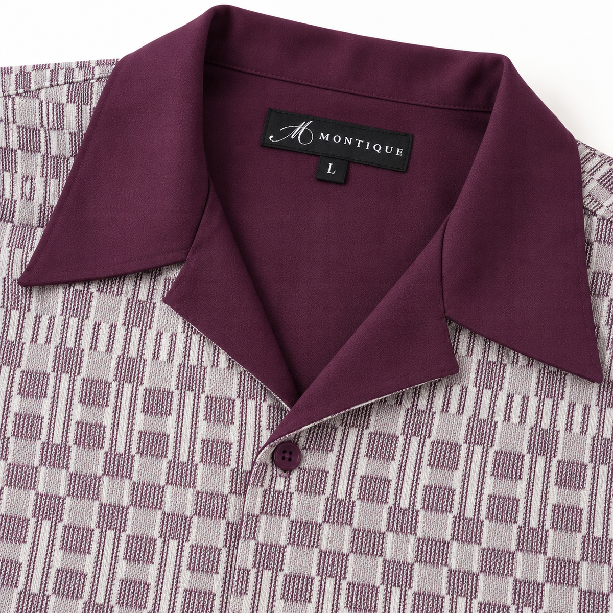Montique plum geometric walking suit open collar and neck label detail