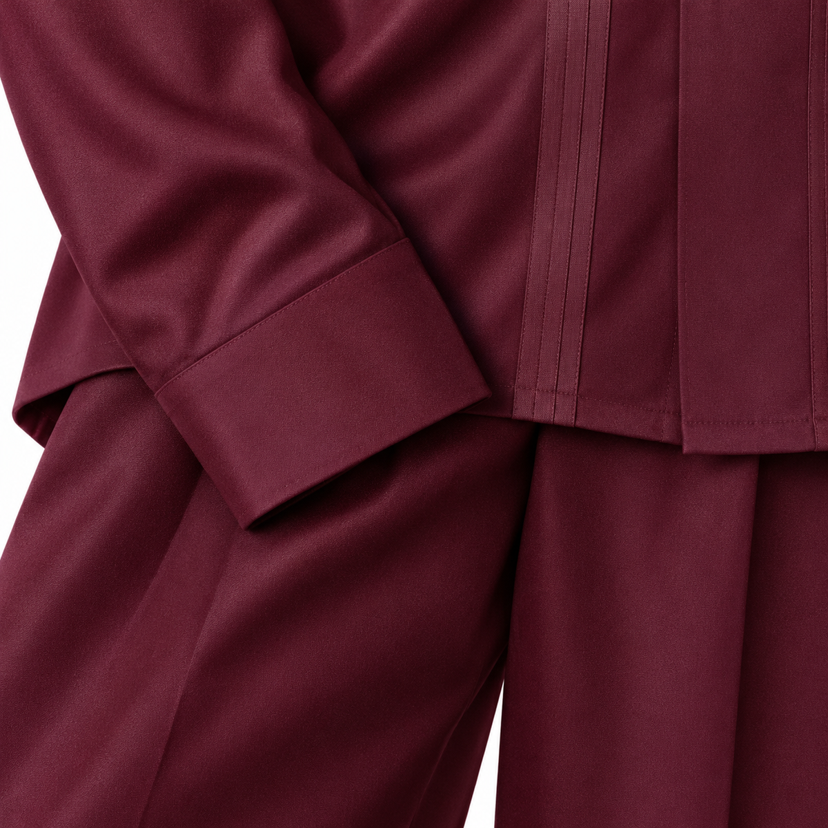 Montique wine walking suit sleeve cuff and shirt hem over matching trouser legs