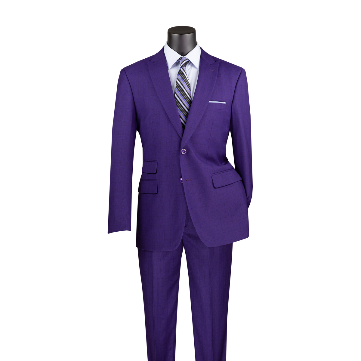 Purple windowpane-check suit with a two-button peak-lapel jacket, ticket pocket and matching trousers, front view.