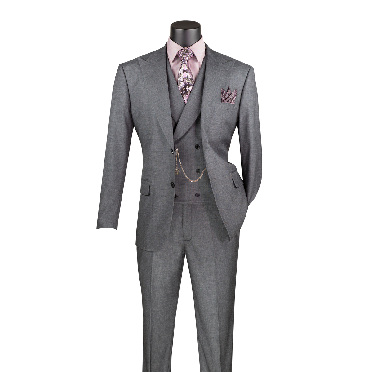 Charcoal textured three-piece suit with notch lapels, a double-breasted vest and matching trousers, front view.
