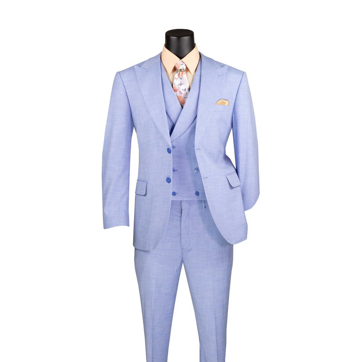 Light blue textured three-piece suit with notch lapels, a double-breasted vest and matching trousers, front view.