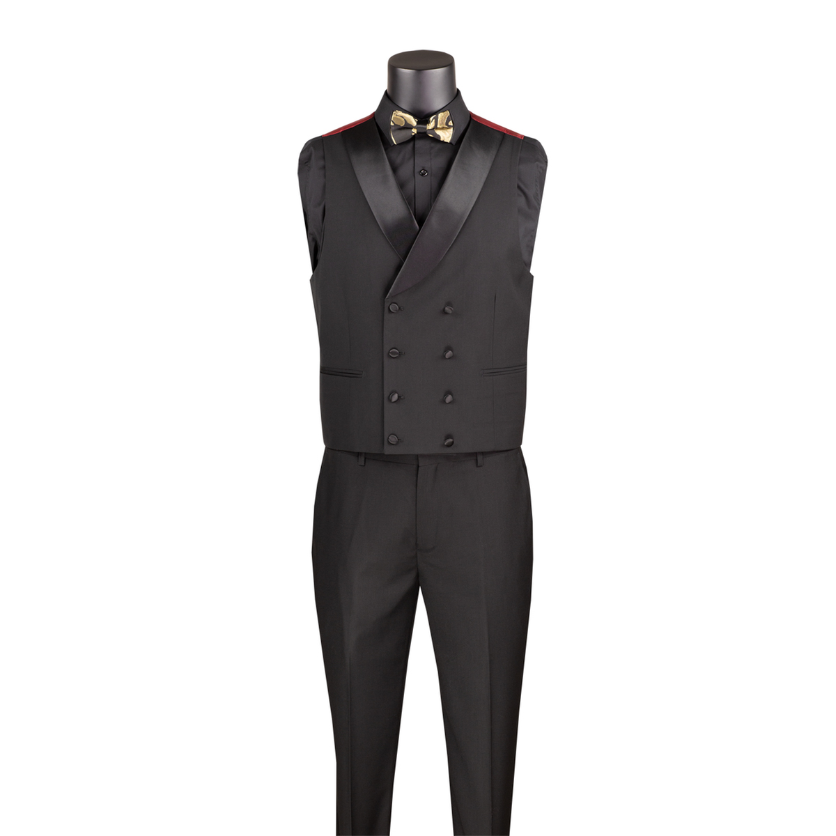 Men’s 3-Piece Jacquard Modern Fit Suit with Satin Lapel Vest - Black and Gold — vest view