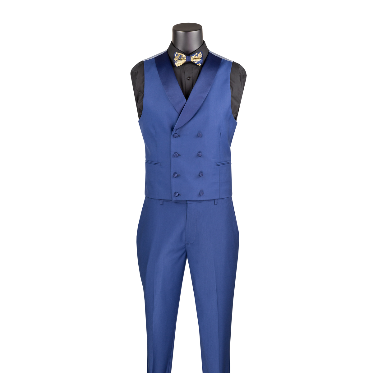 Navy double-breasted vest with satin shawl lapels and navy trousers, shown without the gold-patterned jacket.
