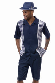 Montique Navy Checker Plaid Color Block 2-Piece Short Sleeve Walking Suit Shorts Set