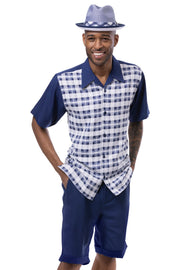 Montique Navy Checker Plaid Walking Suit - 2 Piece Short Pants Set