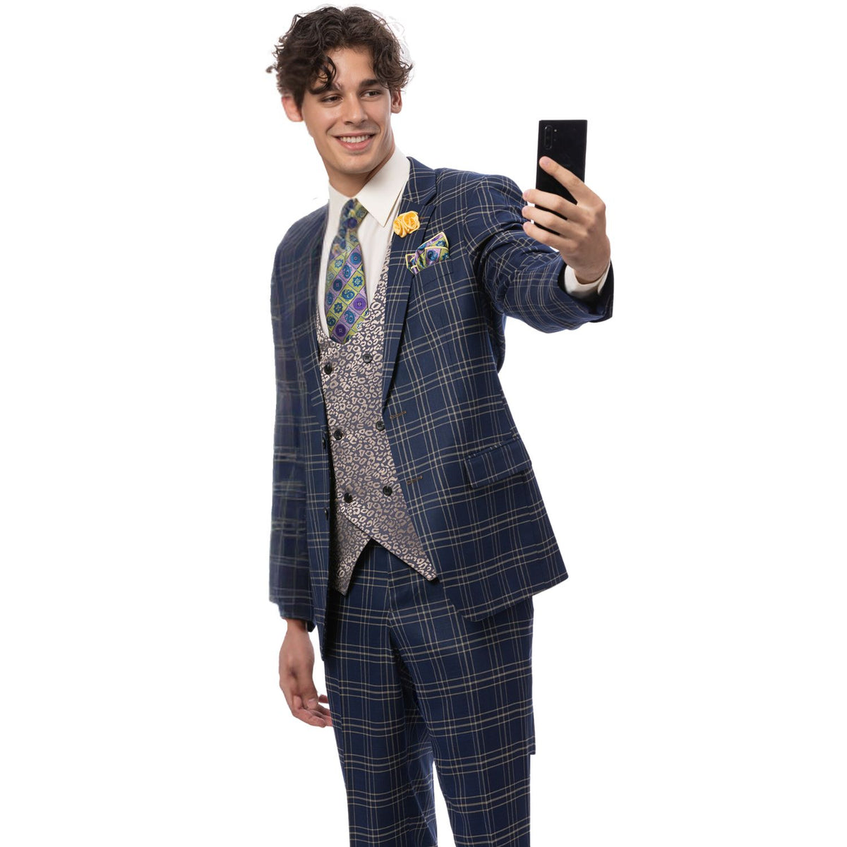 Men's Navy Blue Plaid Double-breasted Suit – Suits & More