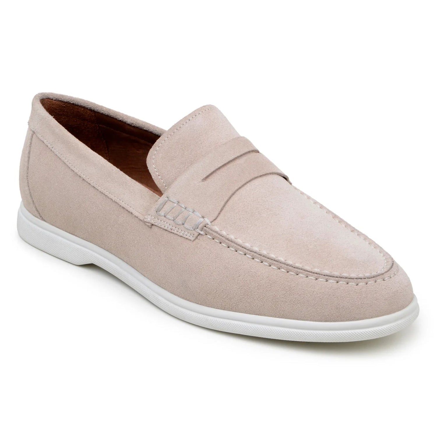 sand suede penny loafer side view