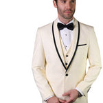 Empire Elegance Collection: Off-White 3PC Flat Front Pants with Bow Tie 100% Wool Tailored Fit