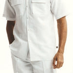 Solid White Linen Walking Suit 2 Piece Short Sleeve Set