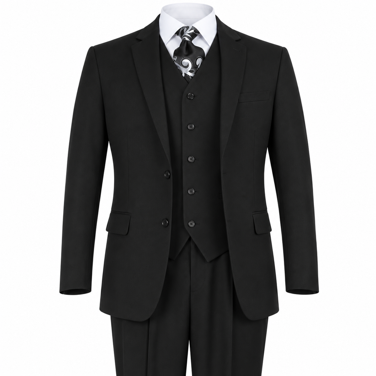 AI-enhanced front view of black three-piece modern-fit suit on white background