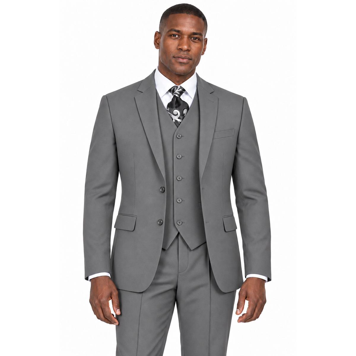 AI-generated illustration: Gray 3-Piece Modern Fit Poplin Suit worn by a model