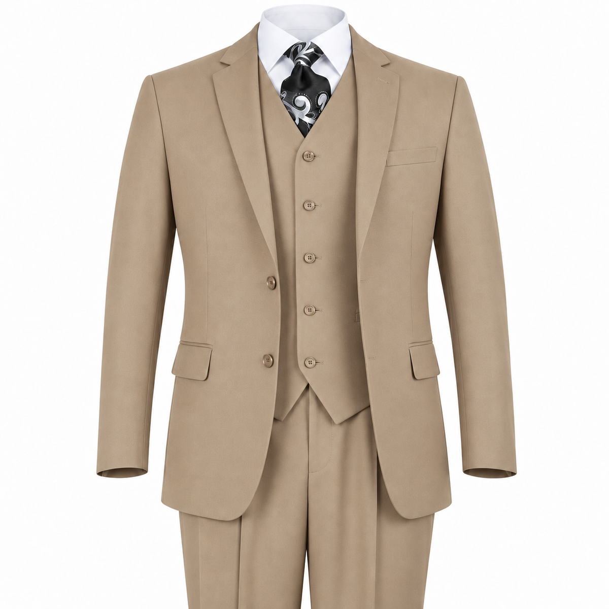 AI-generated illustration: Tan 3-Piece Modern Fit Poplin Suit on a white background