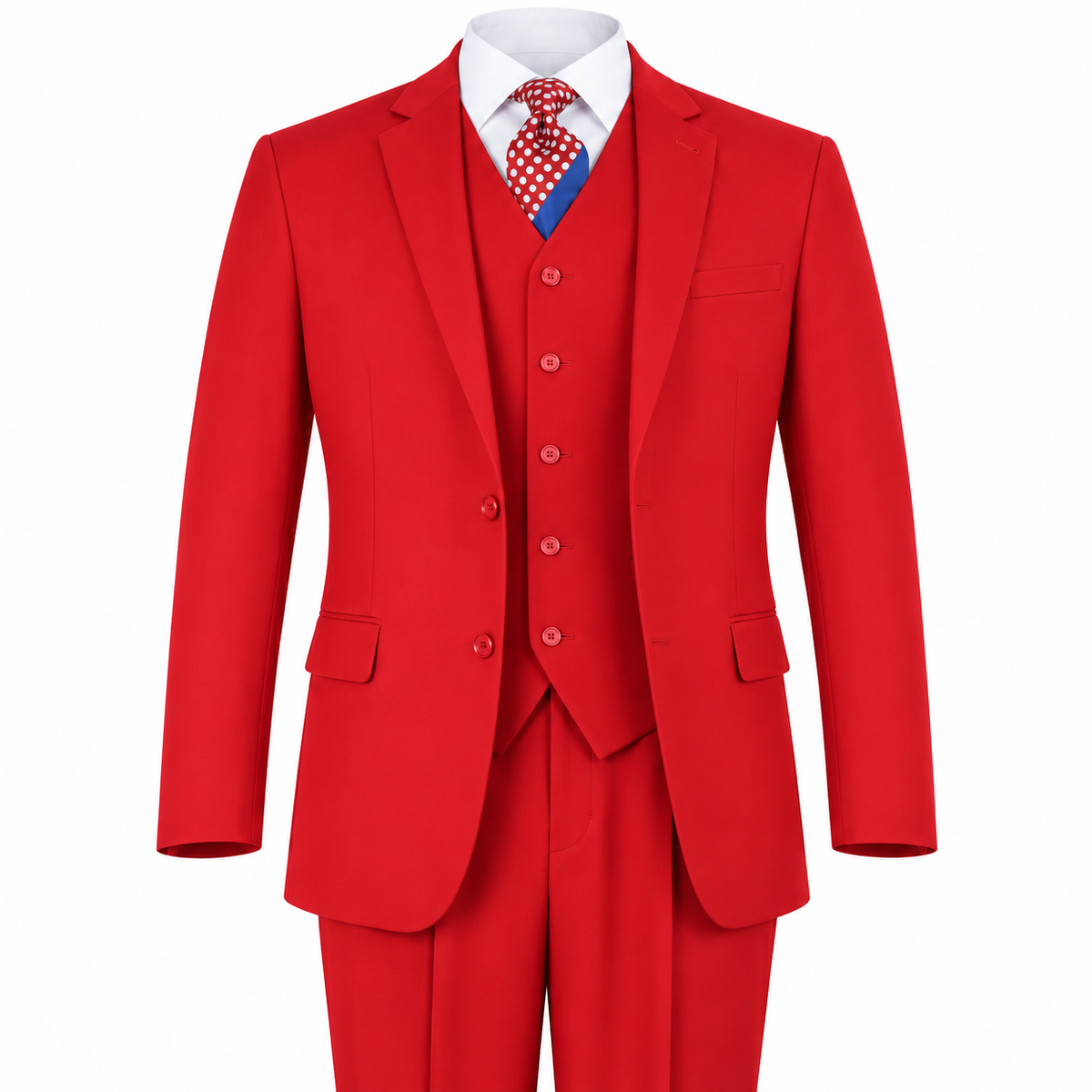 AI-enhanced red three-piece modern-fit poplin suit on white background - Red 3-Piece Modern Fit Poplin Suit
