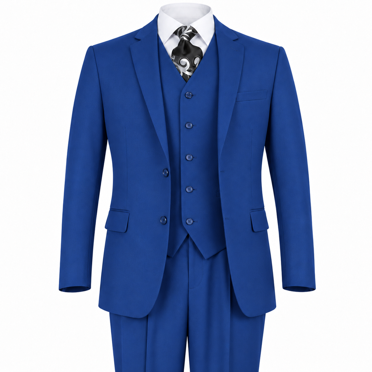 AI-generated illustration: Royal Blue 3-Piece Modern Fit Poplin Suit on a white background