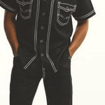 Embroidered Fabric Design in Black Short Sleeve Walking Suit
