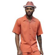 Montique Papaya 2-Piece Shorts Set Walking Suit with Open Collar