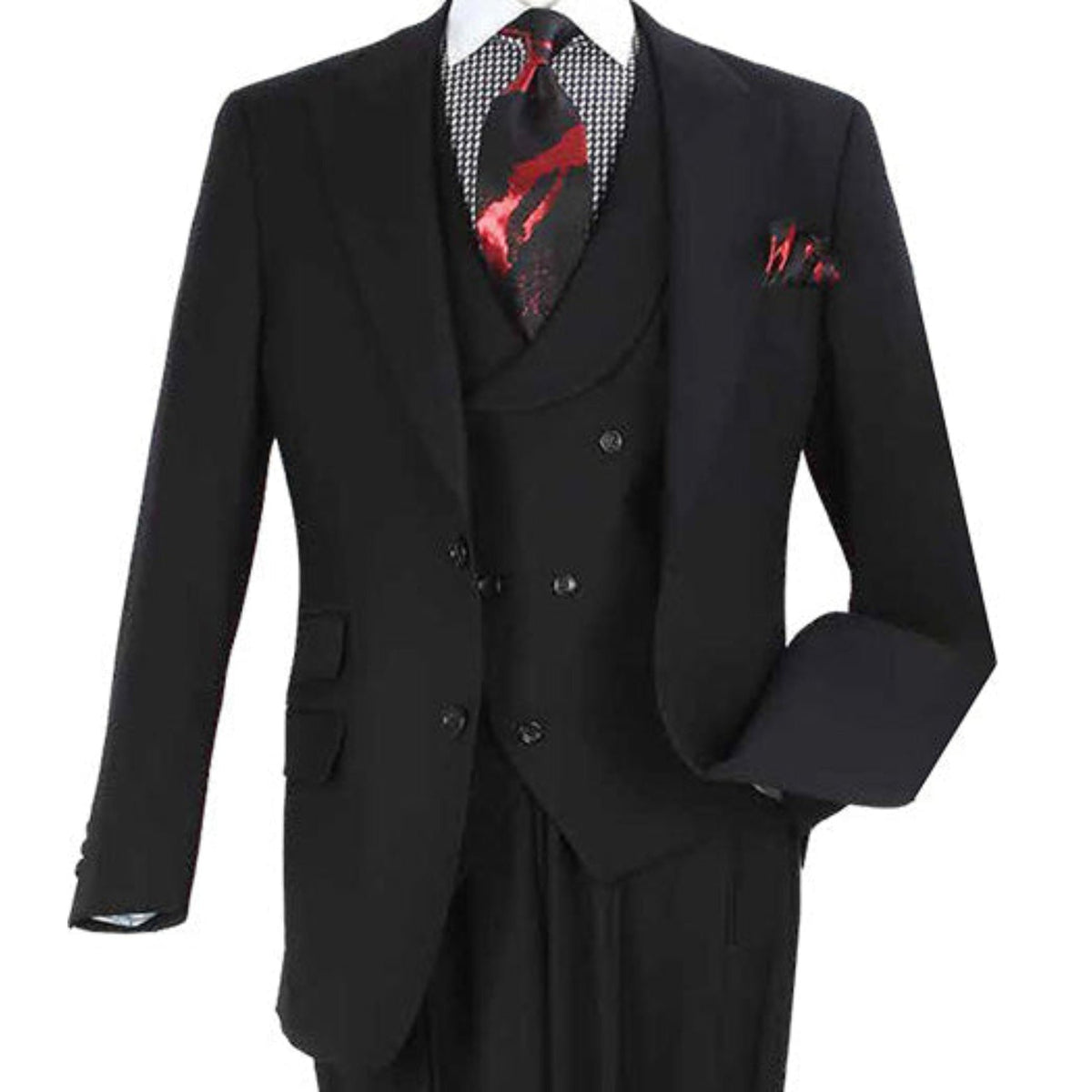 black peak lapel suit double breasted vest close up