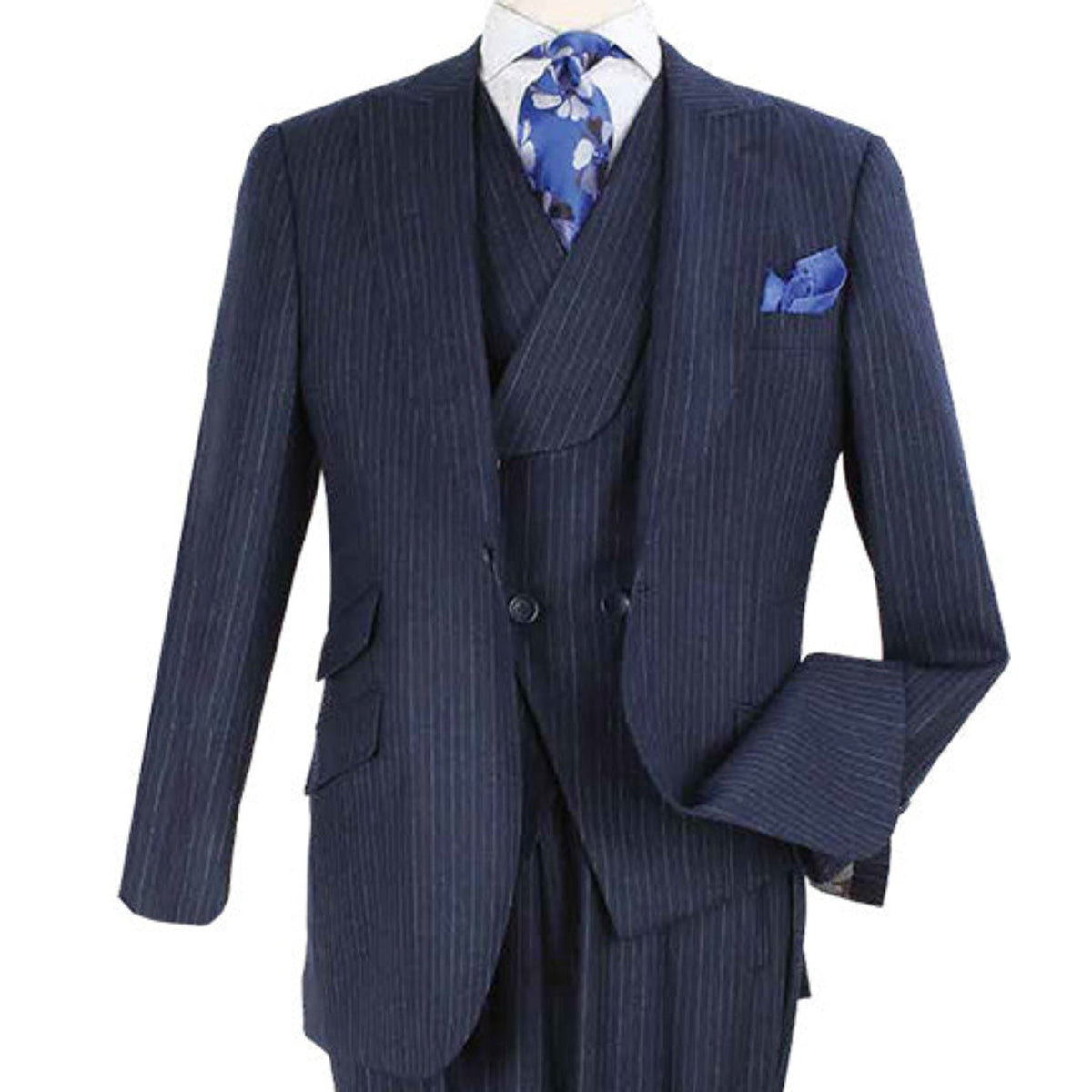 gray pinstripe suit double breasted vest close up