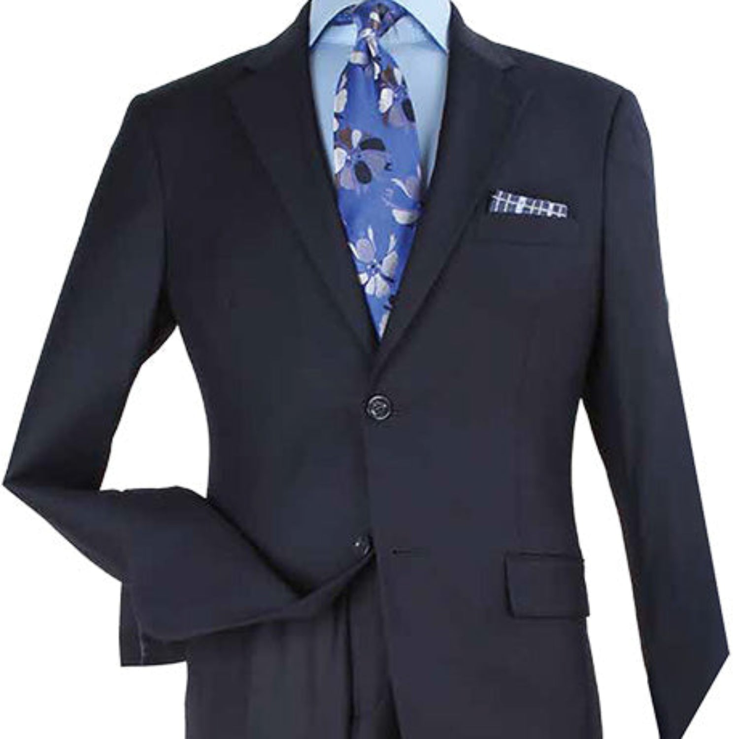navy notch lapel suit jacket with flat front pants