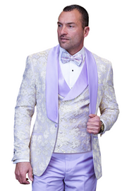 3-Piece Modern Fit Tuxedo with Satin Side Stripe Pants and Bow Tie - Purple