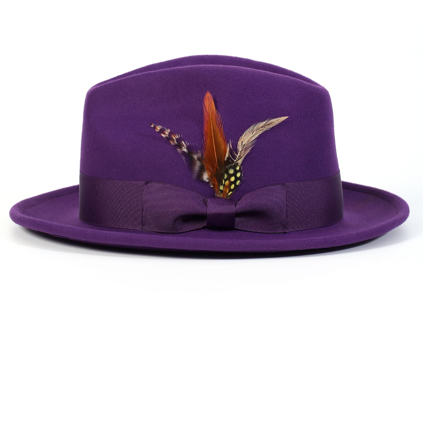 purple felt fedora pinch crown hat with feather detail