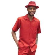 Crimson Solid Short Sleeve Walking Suit Set - Classic Fit