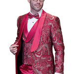 Eclipse Elegance Collection: 3PC Modern Fit Shawl Lapel Tuxedo With Woven Fabric In Red