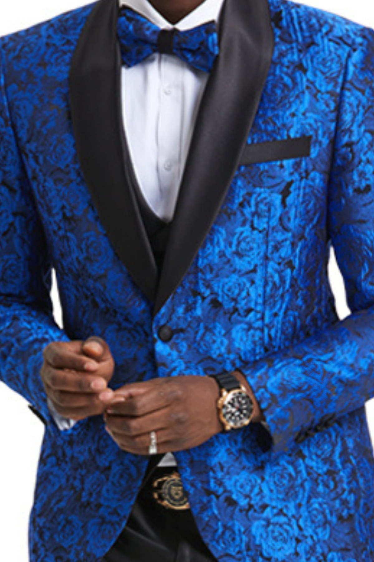 Royal/Black 3-piece suit detail showing shawl collar and paisley jacket; solid vest and trousers