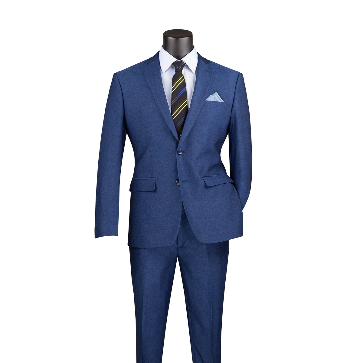 Blue textured slim-fit suit with a two-button notch-lapel jacket and matching trousers, front view.